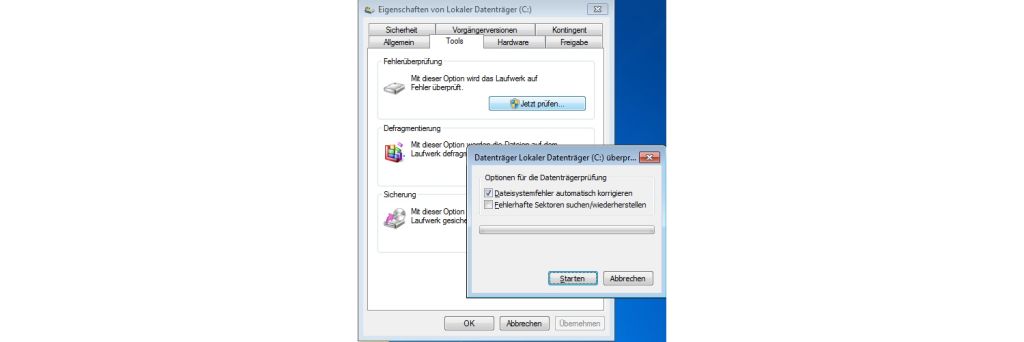 Screenshot der Untersuchung, ob eine Festplatte beschädigt ist.