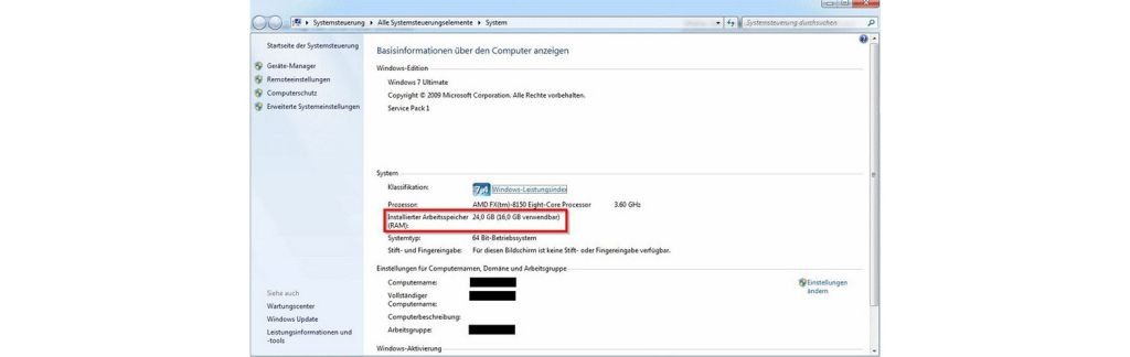Screenshot für Überprüfung, wie viel Arbeitsspeicher ein Windows-Computer hat.